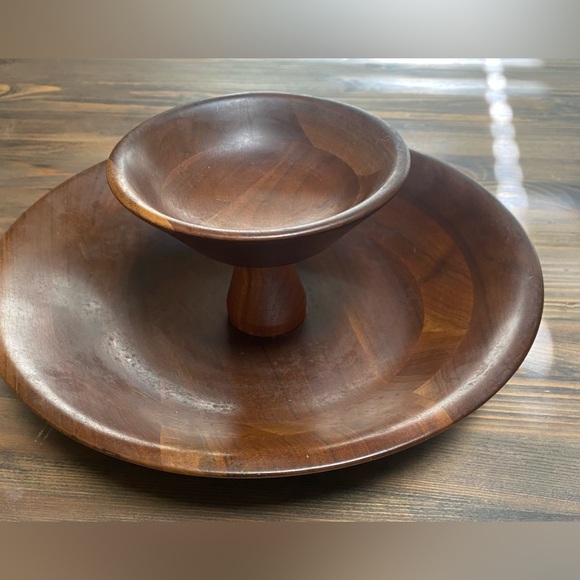 Vintage Mid Century Vermillion Walnut Chip and Dip Bowl - Picture 2 of 7